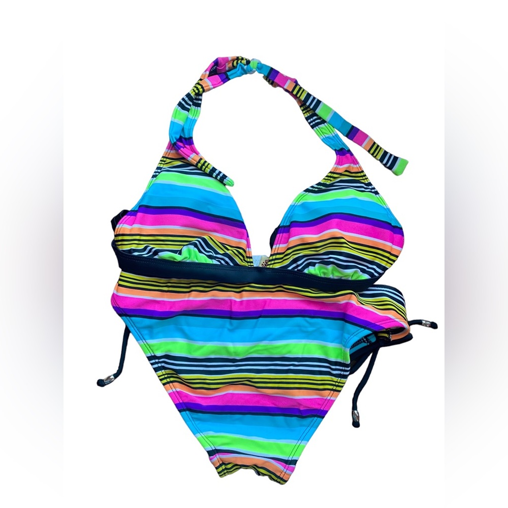 Hobie Multicolor Striped 2pc Bikini in Blue, Pink, Green, Yellow - Size M - Picture 3 of 5